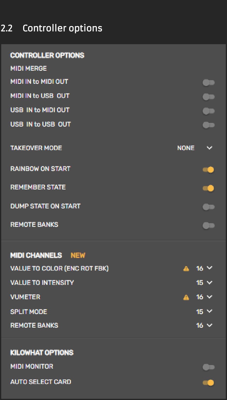 Controller options panel